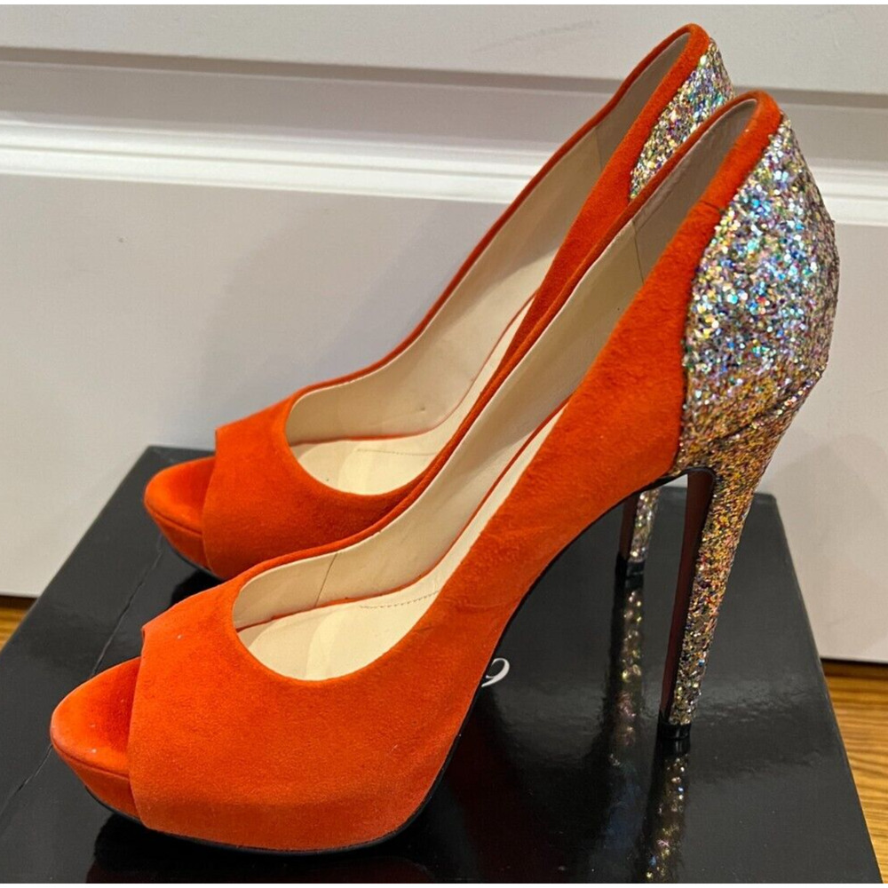 Boutique 9 Orange Suede with Glitter Peeptoe Stiletto Heels Size 7.5‎ M